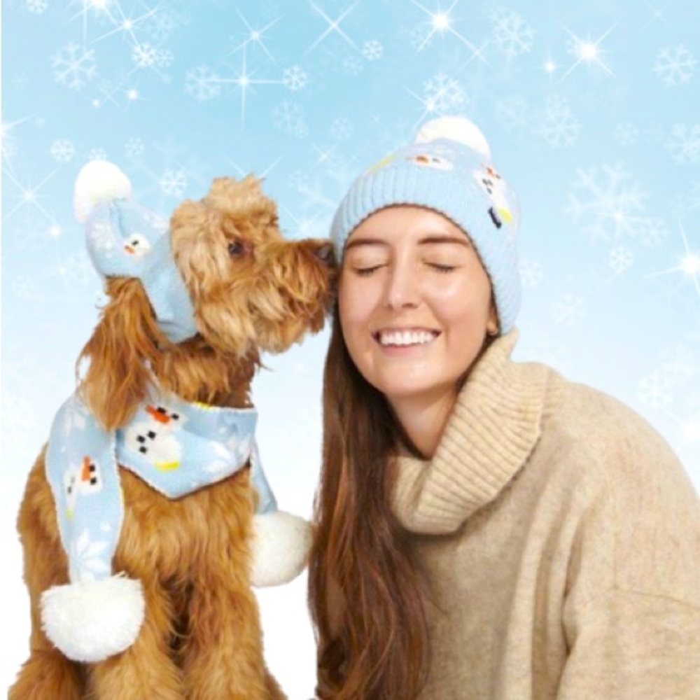 Holiday Beanie Hat and Scarf for Dog with Matching Beanie Hat for Human